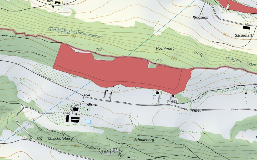Landeskarte swisstopo mit dem Schutzperimeter von Albach (Trockenwiese)