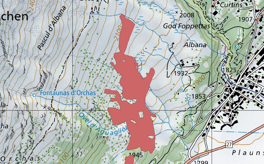 Carte nationale swisstopo avec le périmètre protégé de Albana (Prairie sèche)