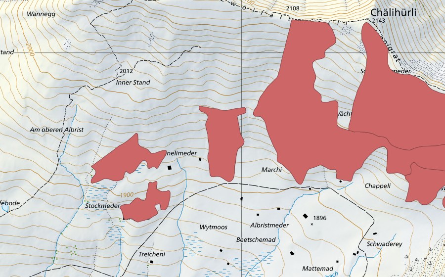 Carte nationale swisstopo avec le périmètre protégé de Albristhubel (Prairie sèche)
