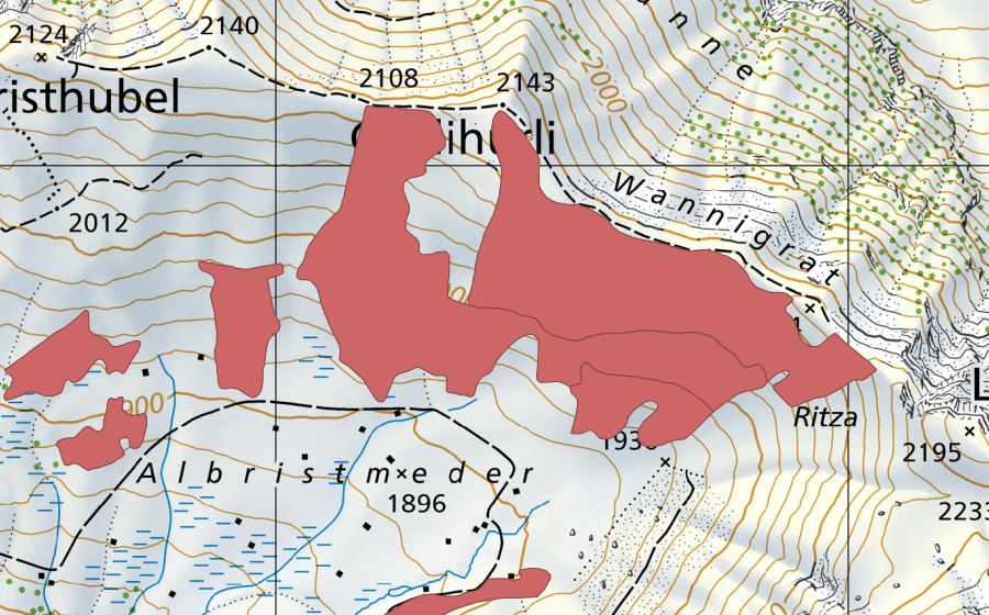 swisstopo national map showing the protected perimeter of Albristhubel (Dry meadow)