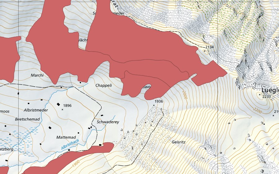 Landeskarte swisstopo mit dem Schutzperimeter von Albristhubel (Trockenwiese)