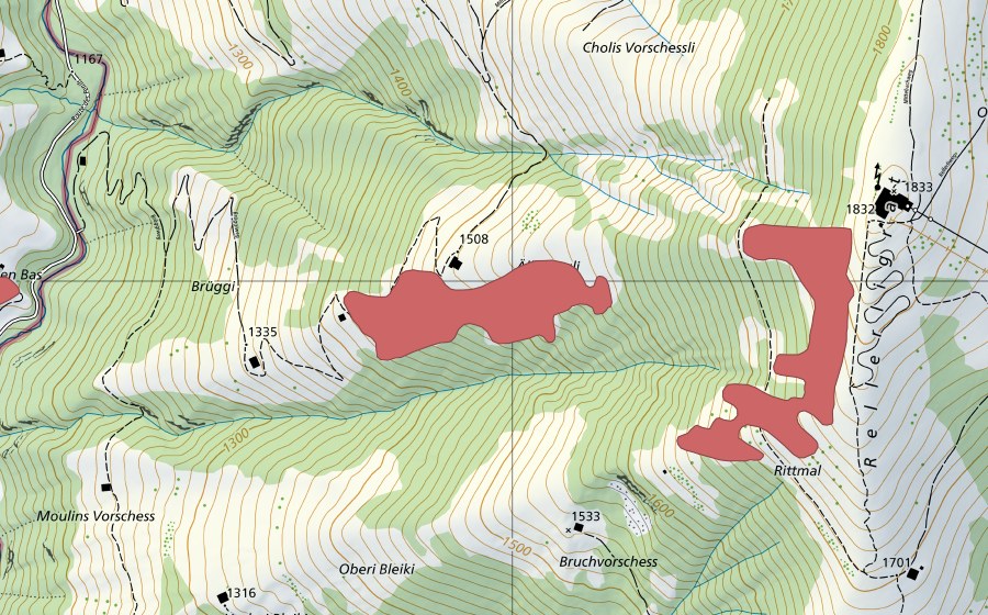 swisstopo national map showing the protected perimeter of Ällebärgli (Dry meadow)