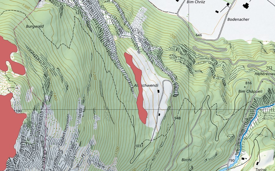 swisstopo national map showing the protected perimeter of Alleschwendi (Dry meadow)