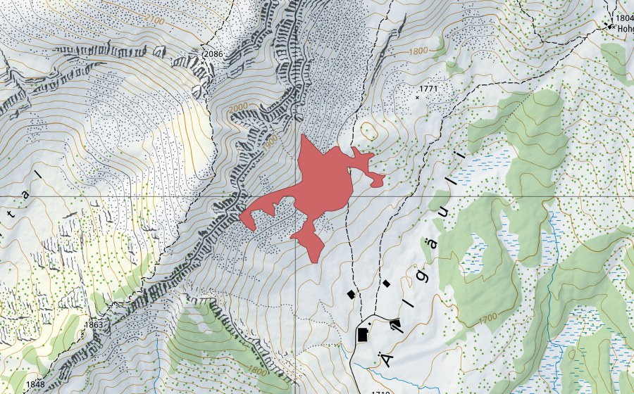 swisstopo national map showing the protected perimeter of Ällgäuli (Dry meadow)