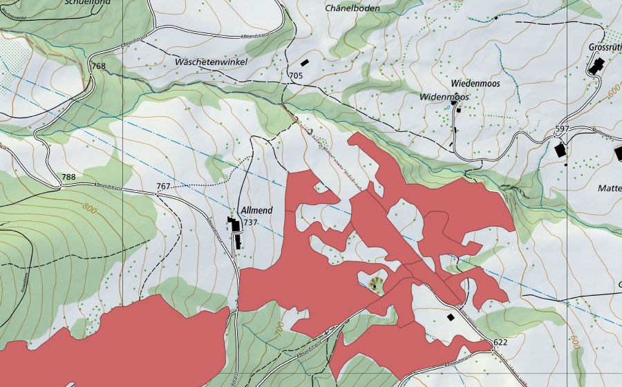 Carte nationale swisstopo avec le périmètre protégé de Allmend (Prairie sèche)