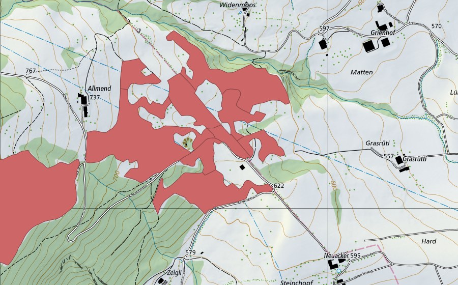 Carte nationale swisstopo avec le périmètre protégé de Allmend (Prairie sèche)