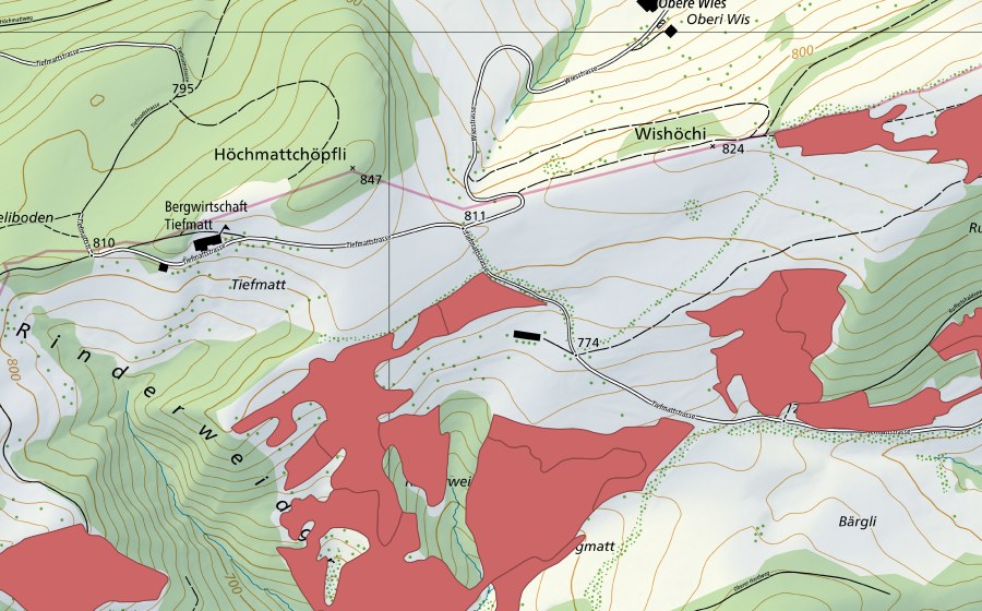 Carte nationale swisstopo avec le périmètre protégé de Allmend (Prairie sèche)