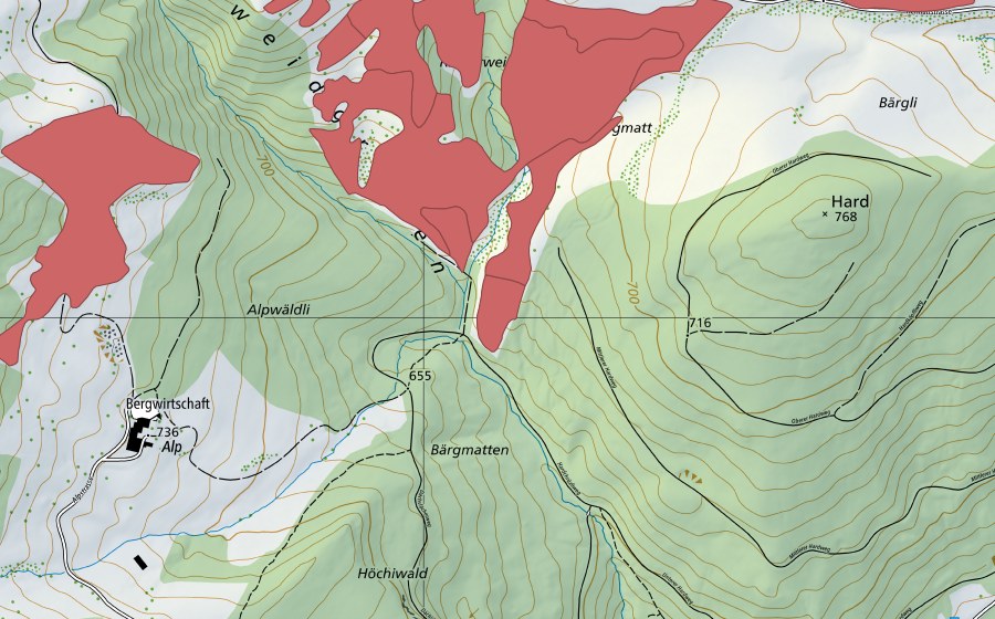 Carte nationale swisstopo avec le périmètre protégé de Allmend (Prairie sèche)