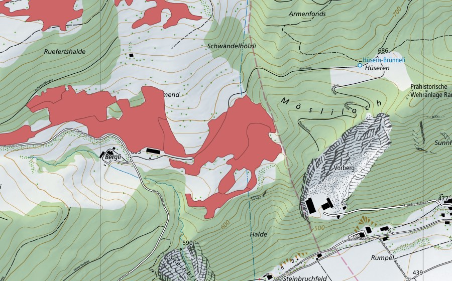 Carte nationale swisstopo avec le périmètre protégé de Allmend (Prairie sèche)