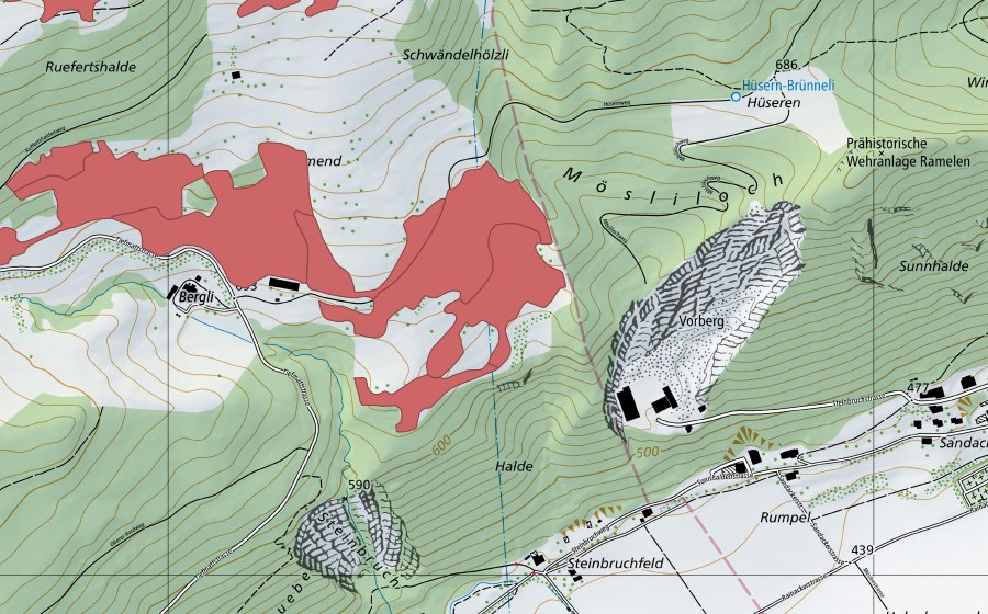 Carte nationale swisstopo avec le périmètre protégé de Allmend (Prairie sèche)