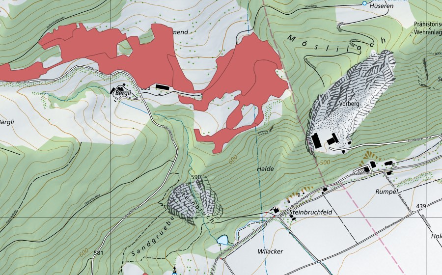 Carte nationale swisstopo avec le périmètre protégé de Allmend (Prairie sèche)