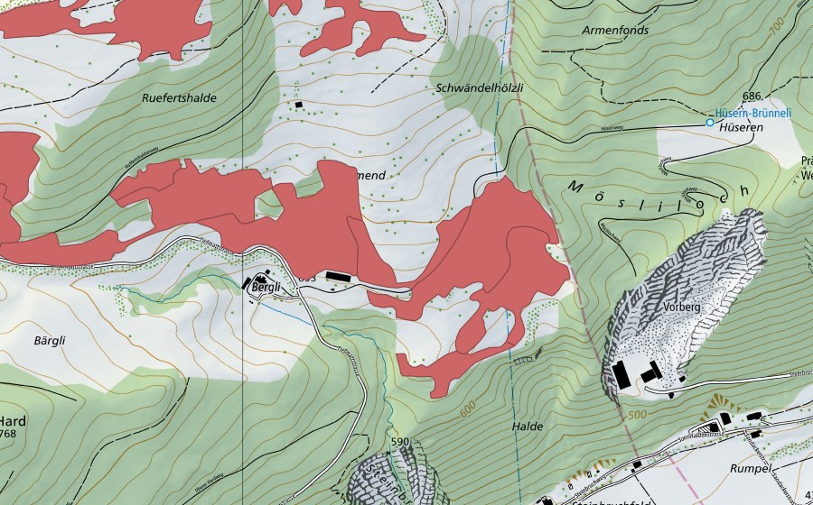 Carte nationale swisstopo avec le périmètre protégé de Allmend (Prairie sèche)