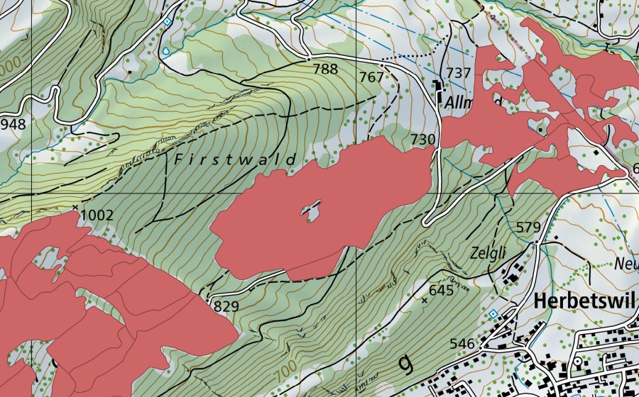 Carte nationale swisstopo avec le périmètre protégé de Allmend (Prairie sèche)
