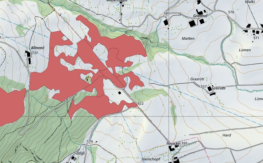 Carte nationale swisstopo avec le périmètre protégé de Allmend (Prairie sèche)