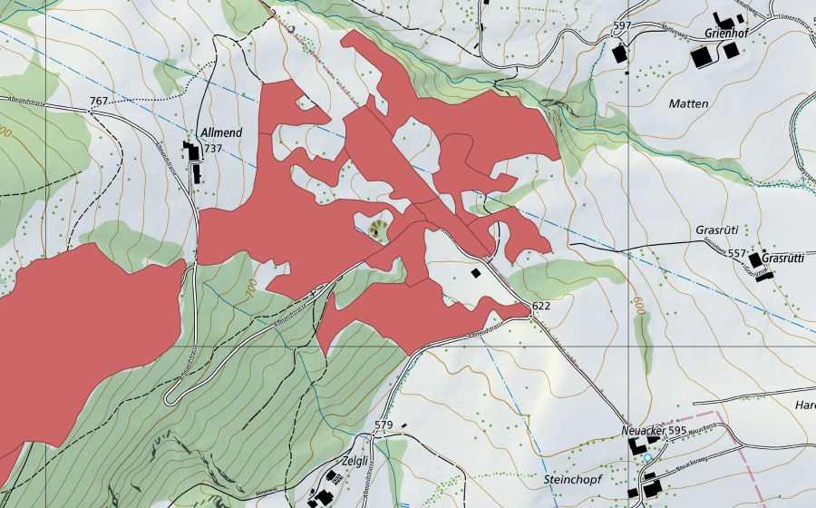 Carte nationale swisstopo avec le périmètre protégé de Allmend (Prairie sèche)
