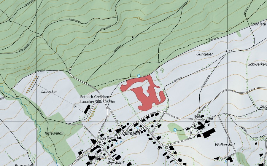 Carte nationale swisstopo avec le périmètre protégé de Allmend (Prairie sèche)