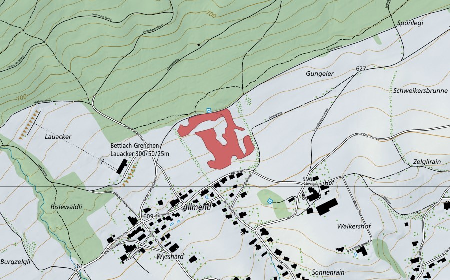 Carte nationale swisstopo avec le périmètre protégé de Allmend (Prairie sèche)