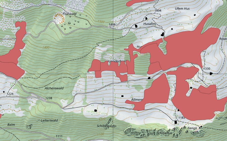 Landeskarte swisstopo mit dem Schutzperimeter von Ällmereweide (Trockenwiese)