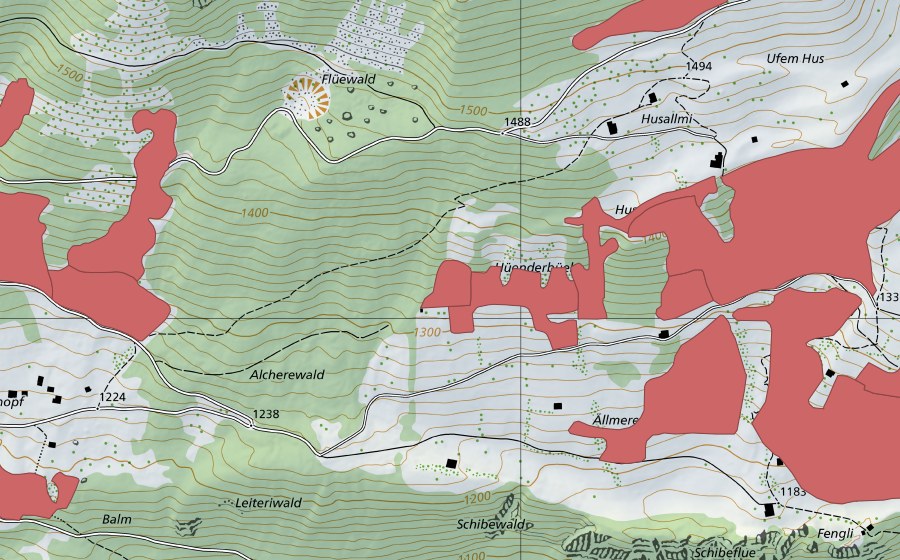 Landeskarte swisstopo mit dem Schutzperimeter von Ällmereweide (Trockenwiese)