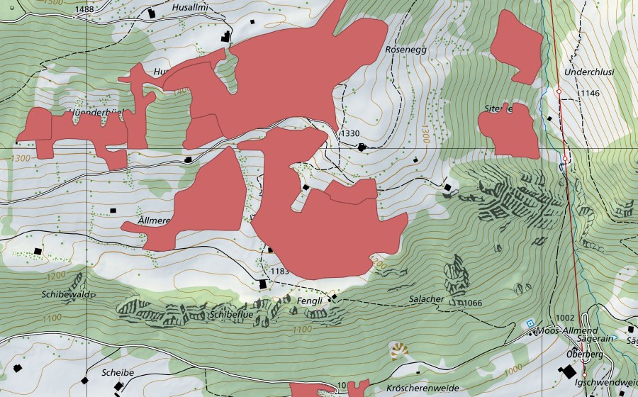 Carte nationale swisstopo avec le périmètre protégé de Ällmereweide (Prairie sèche)