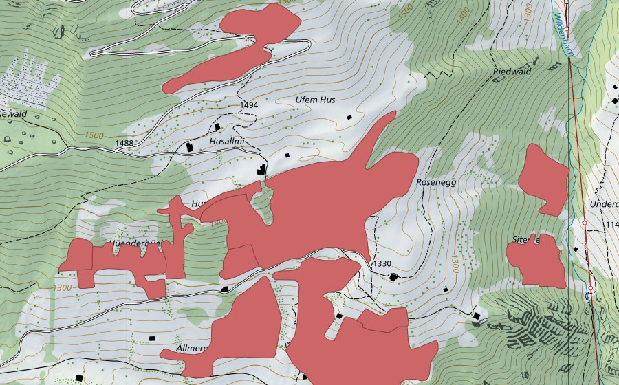 Carte nationale swisstopo avec le périmètre protégé de Ällmereweide (Prairie sèche)