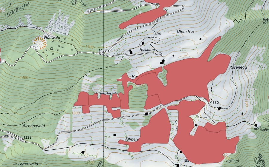 Landeskarte swisstopo mit dem Schutzperimeter von Ällmereweide (Trockenwiese)