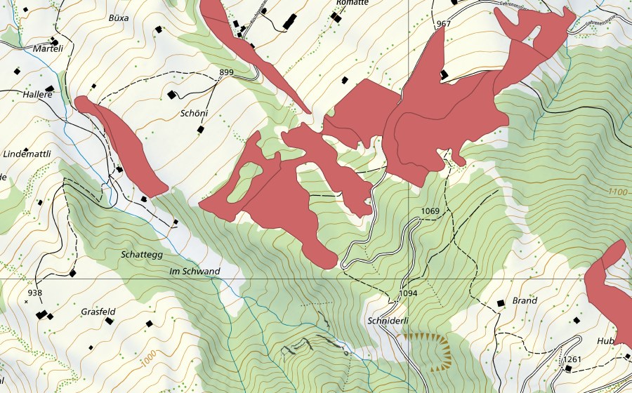 swisstopo national map showing the protected perimeter of Allmi (Dry meadow)