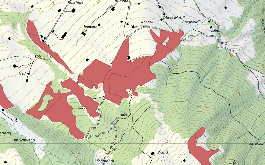 Carte nationale swisstopo avec le périmètre protégé de Allmi (Prairie sèche)