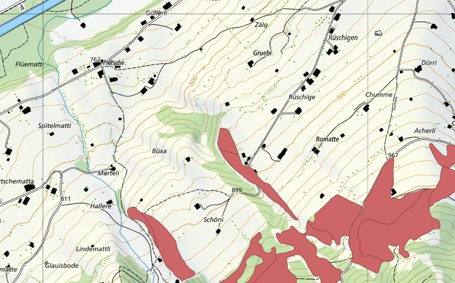 swisstopo national map showing the protected perimeter of Allmi (Dry meadow)