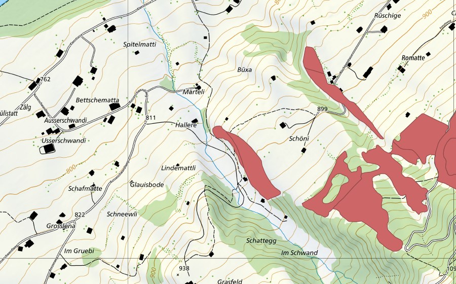 Carte nationale swisstopo avec le périmètre protégé de Allmi (Prairie sèche)