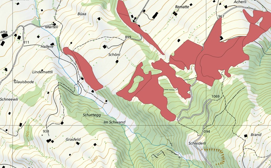 swisstopo national map showing the protected perimeter of Allmi (Dry meadow)