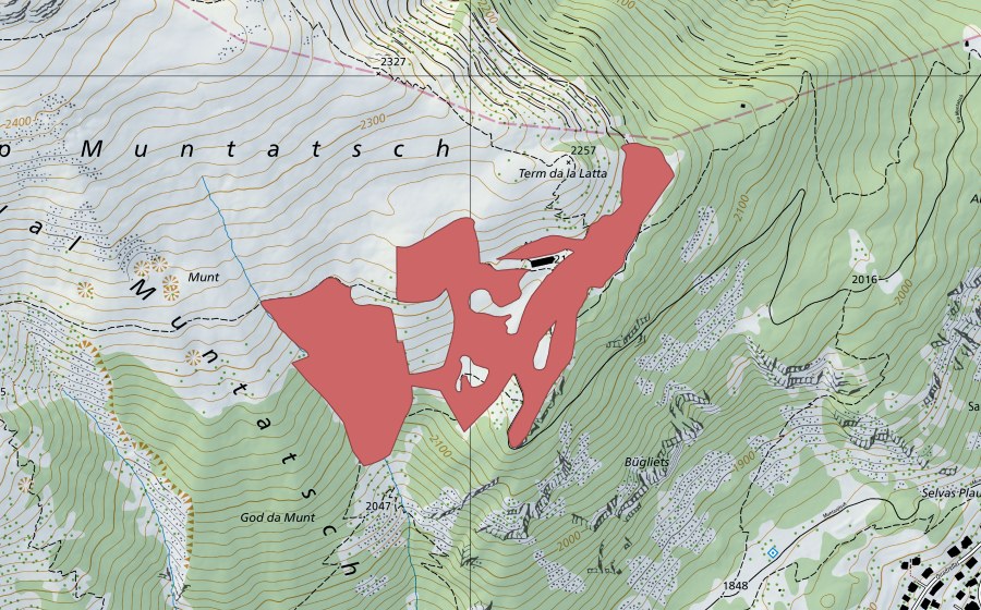 Landeskarte swisstopo mit dem Schutzperimeter von Alp Mundatsch (Trockenwiese)