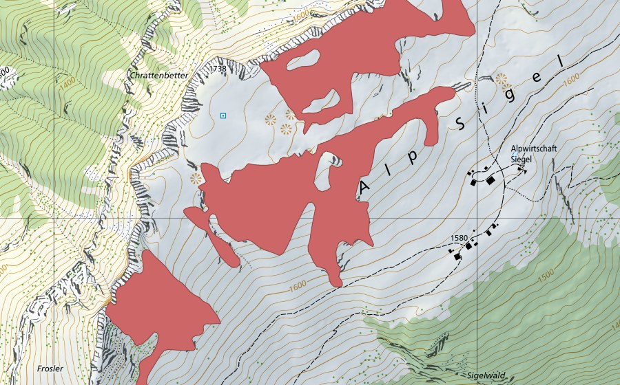swisstopo national map showing the protected perimeter of Alp Sigel (Dry meadow)