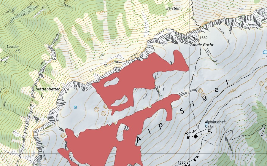 Carte nationale swisstopo avec le périmètre protégé de Alp Sigel (Prairie sèche)