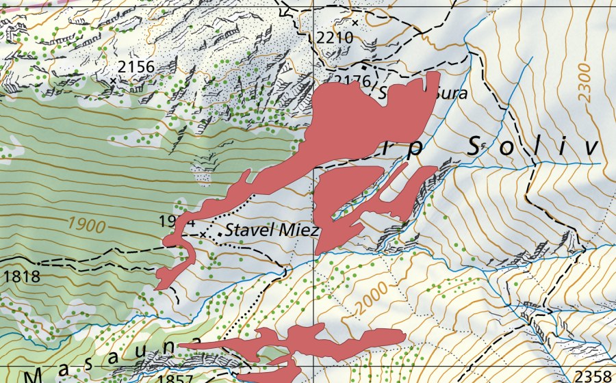 Carte nationale swisstopo avec le périmètre protégé de Alp Soliva (Prairie sèche)