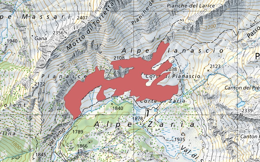 Carte nationale swisstopo avec le périmètre protégé de Alpe Pianascio (Prairie sèche)