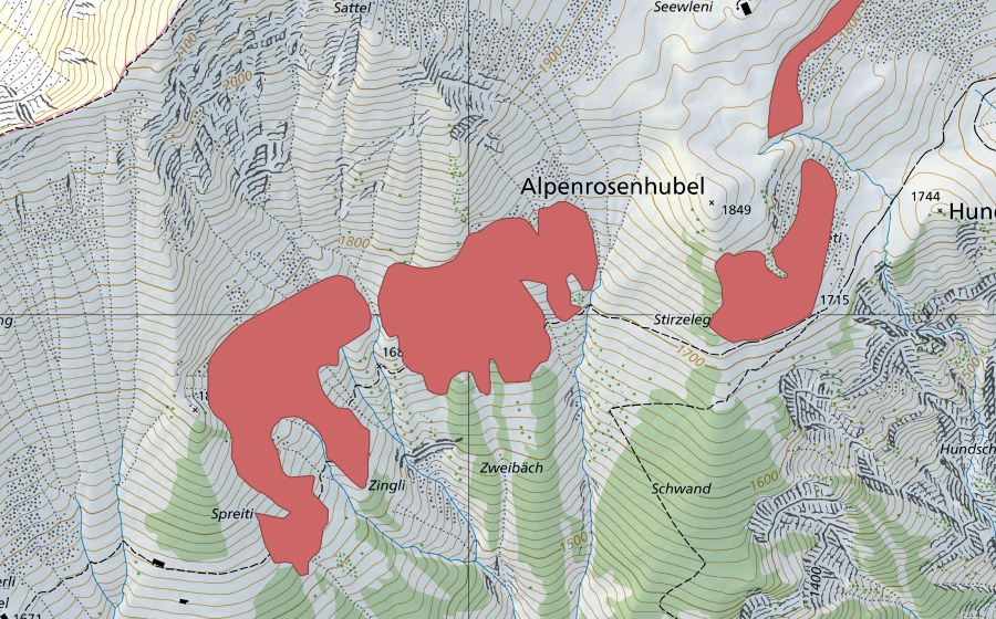 Landeskarte swisstopo mit dem Schutzperimeter von Alpenrosenhubel (Trockenwiese)