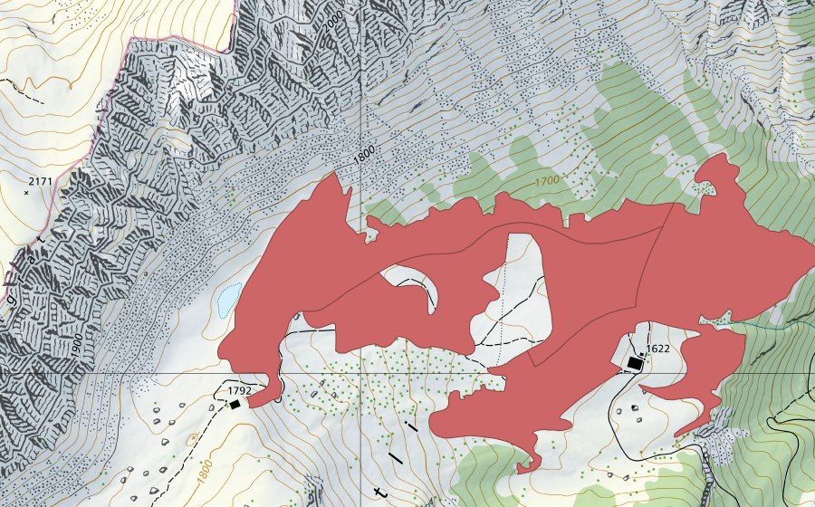 Carte nationale swisstopo avec le périmètre protégé de Alpetli (Prairie sèche)