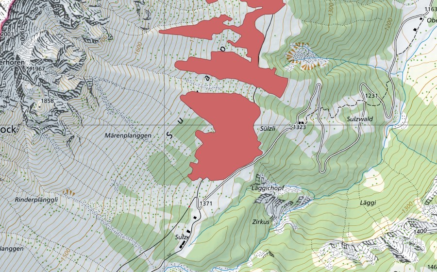 Carte nationale swisstopo avec le périmètre protégé de Alpgmach (Prairie sèche)
