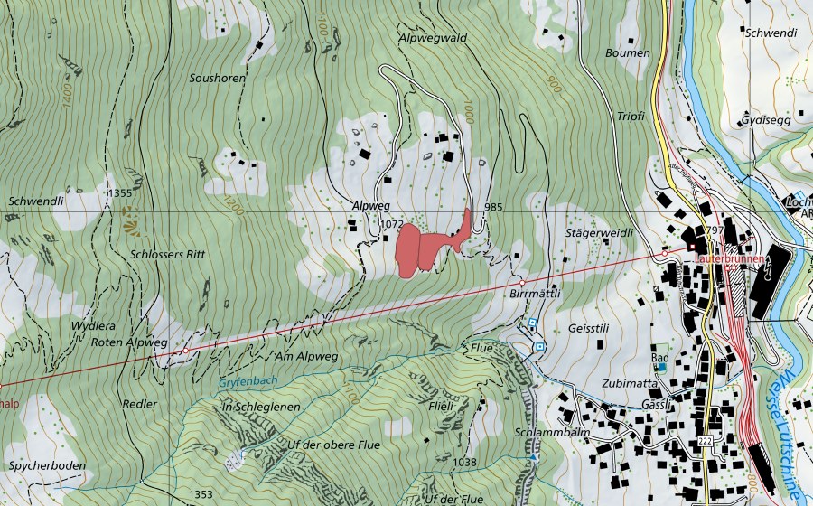 Landeskarte swisstopo mit dem Schutzperimeter von Alpweg (Trockenwiese)