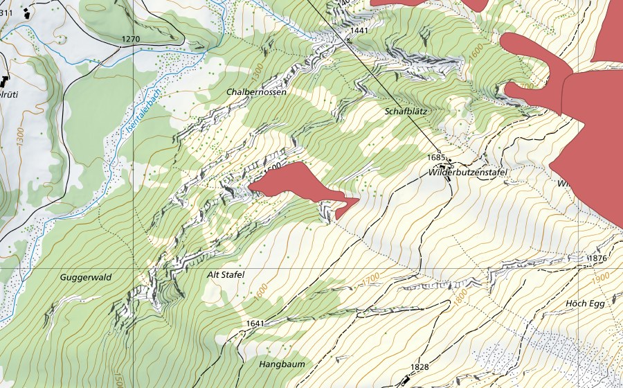 Landeskarte swisstopo mit dem Schutzperimeter von Alt Stafel (Trockenwiese)