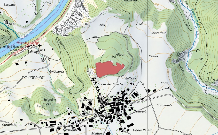 swisstopo national map showing the protected perimeter of Altaun (Dry meadow)