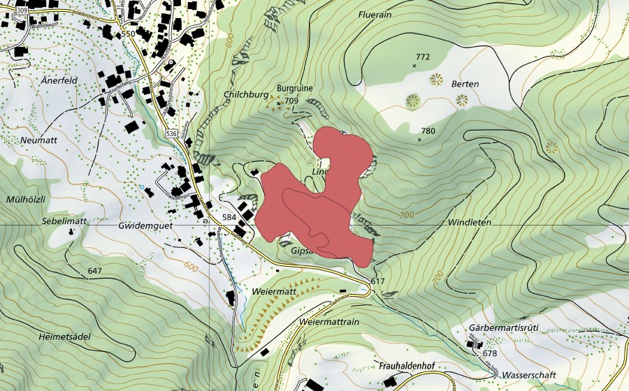 Carte nationale swisstopo avec le périmètre protégé de Alte Gipsgrube (Prairie sèche)