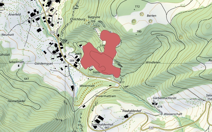 Carte nationale swisstopo avec le périmètre protégé de Alte Gipsgrube (Prairie sèche)