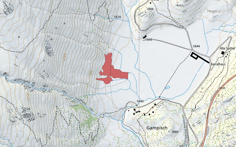 Carte nationale swisstopo avec le périmètre protégé de Altes Hospiz (Prairie sèche)