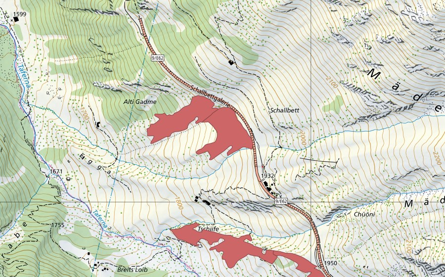 Landeskarte swisstopo mit dem Schutzperimeter von Alti Gadme (Trockenwiese)