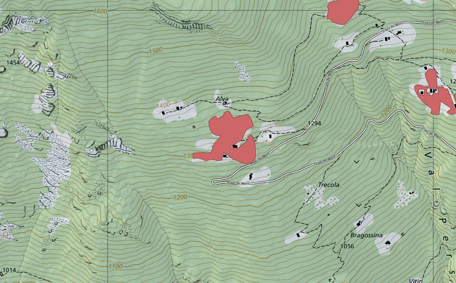 swisstopo national map showing the protected perimeter of Alva (Dry meadow)