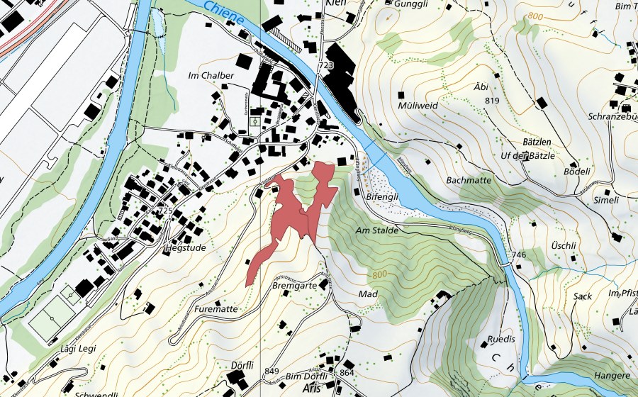 Landeskarte swisstopo mit dem Schutzperimeter von Am Stalden (Trockenwiese)