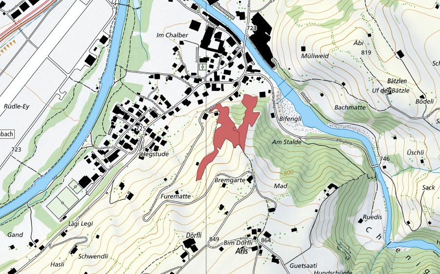 Carte nationale swisstopo avec le périmètre protégé de Am Stalden (Prairie sèche)