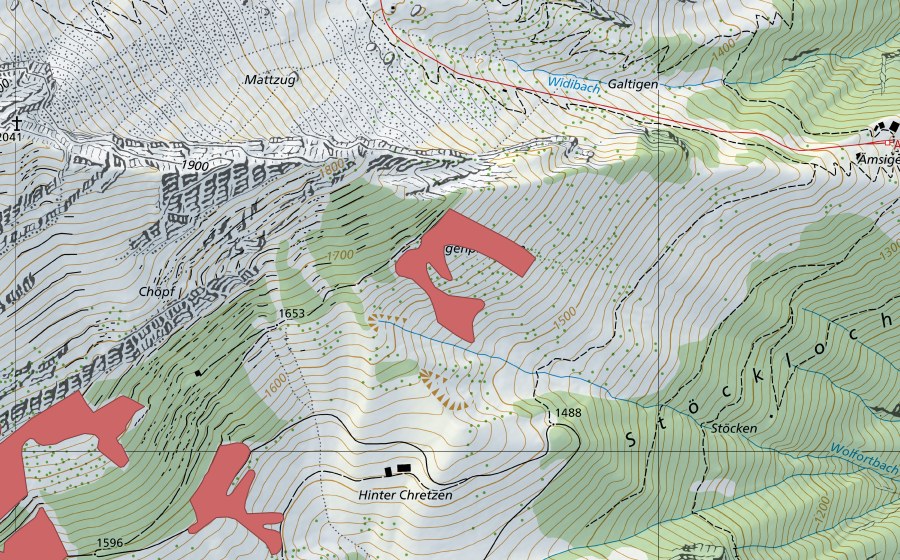 Carte nationale swisstopo avec le périmètre protégé de Ämsigenplanggen (Prairie sèche)